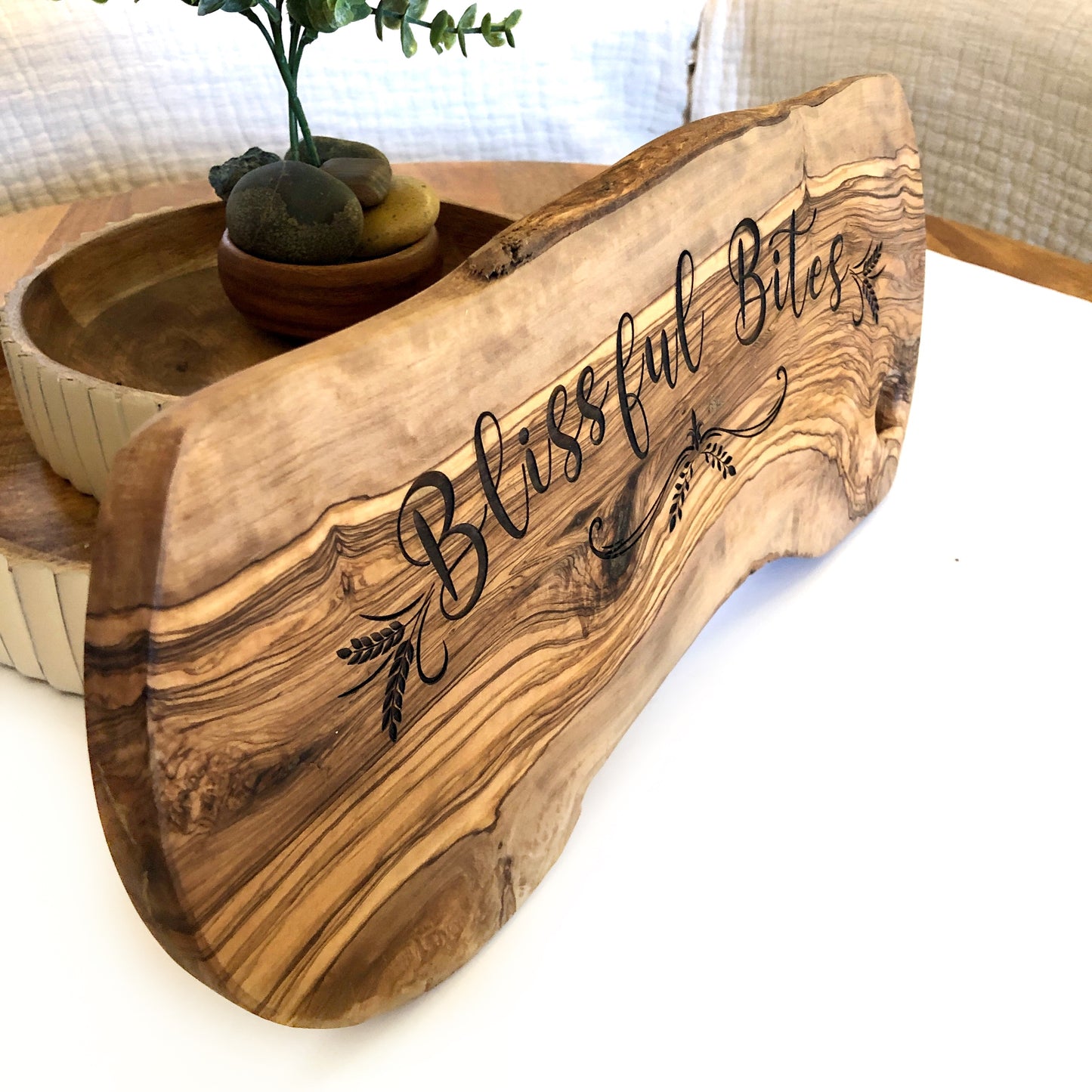 Olive Wood Serving Board: Blissful Bites Laser Etched Appetizer Board