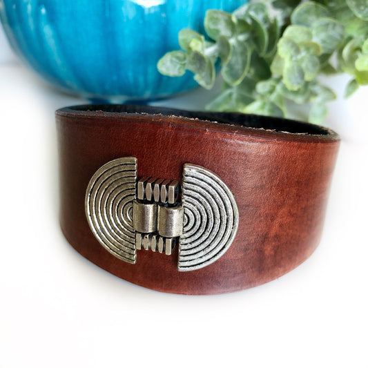 Handmade Genuine Leather Beaded Cuff Bracelet, Dark Brown