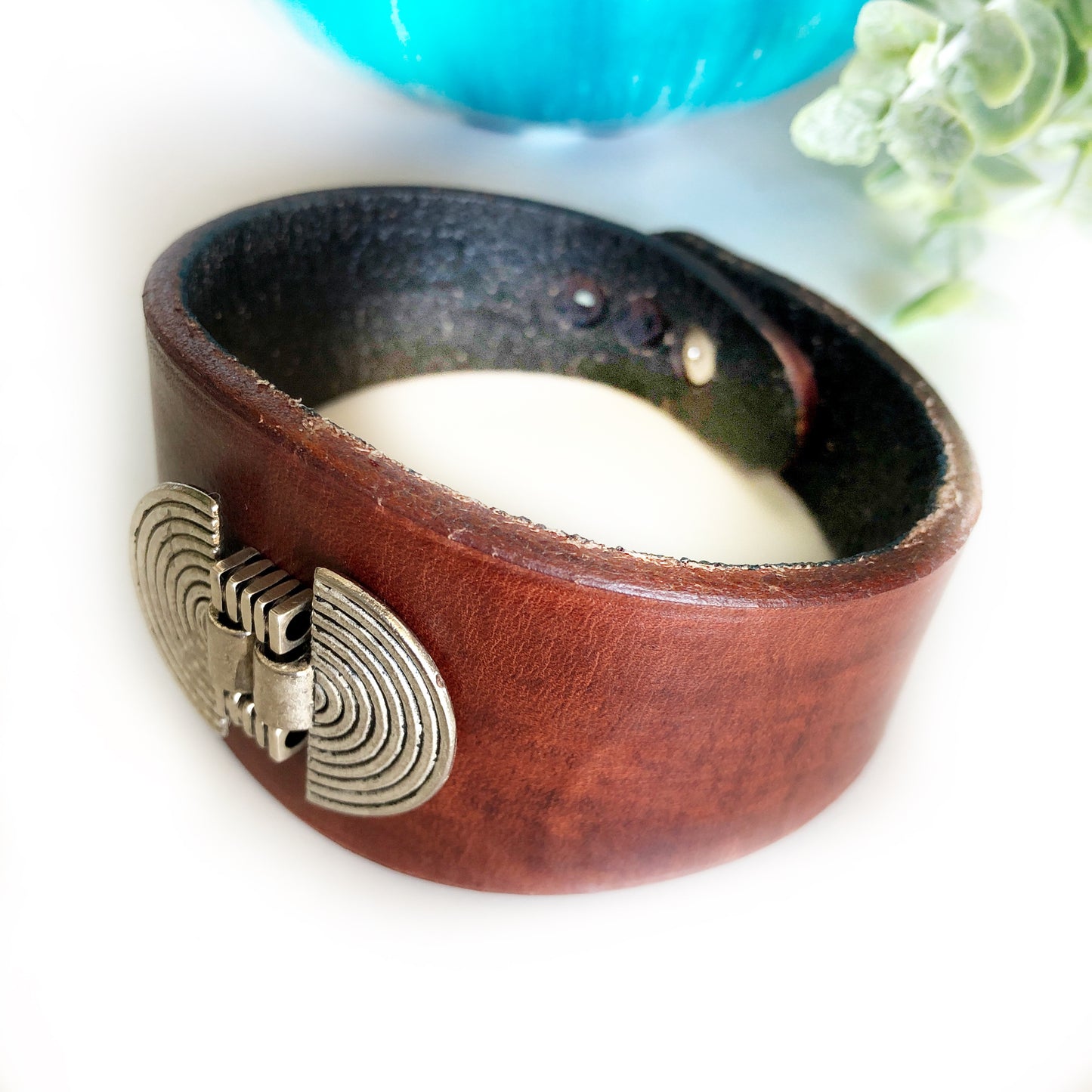 Handmade Genuine Leather Beaded Cuff Bracelet, Dark Brown
