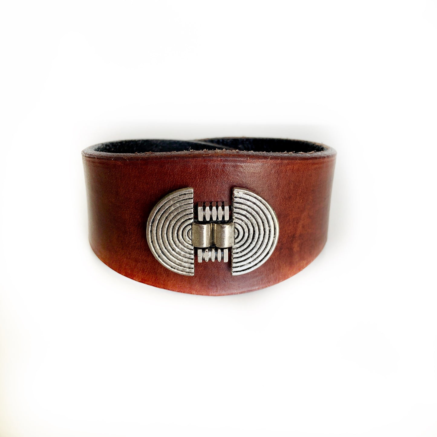 Handmade Genuine Leather Beaded Cuff Bracelet, Dark Brown