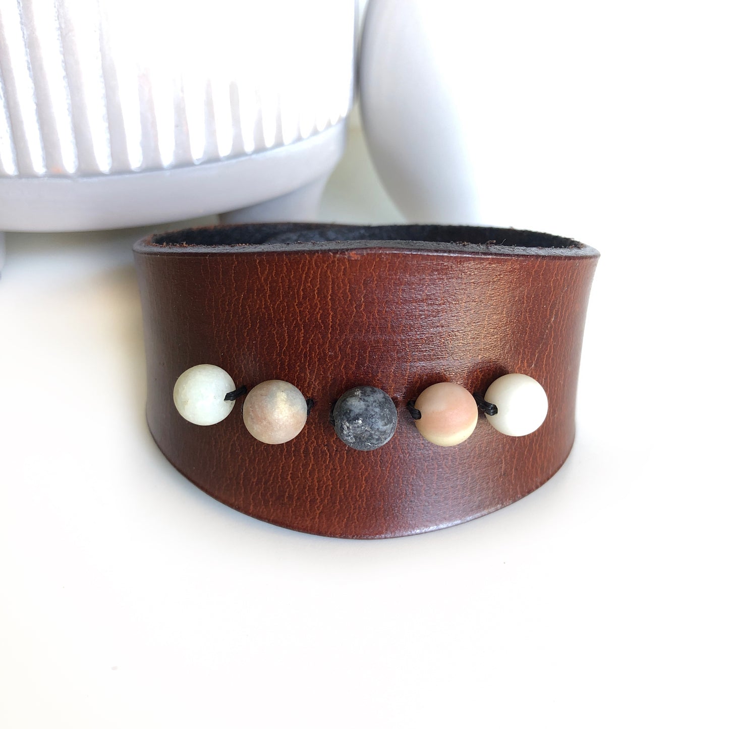 Handmade Genuine Leather Beaded Cuff Bracelet, Dark Brown