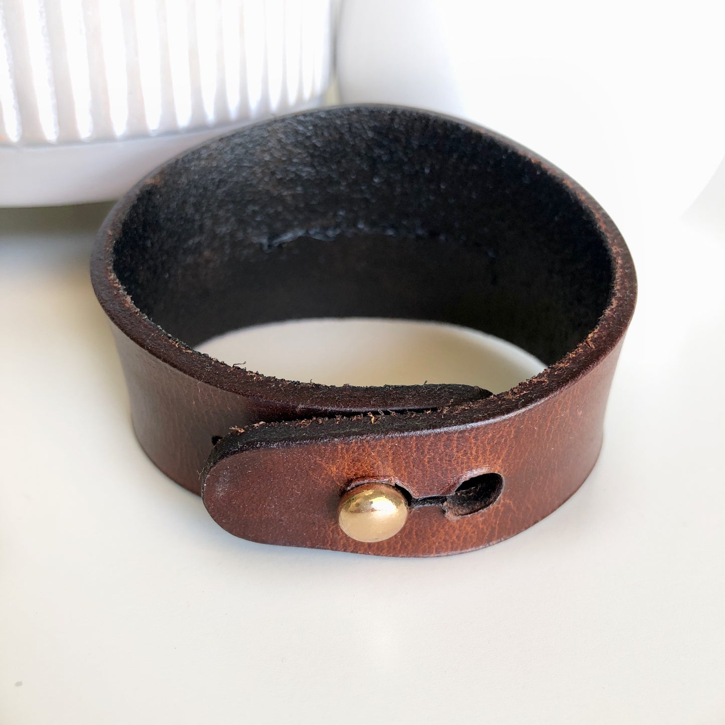 Handmade Genuine Leather Beaded Cuff Bracelet, Dark Brown