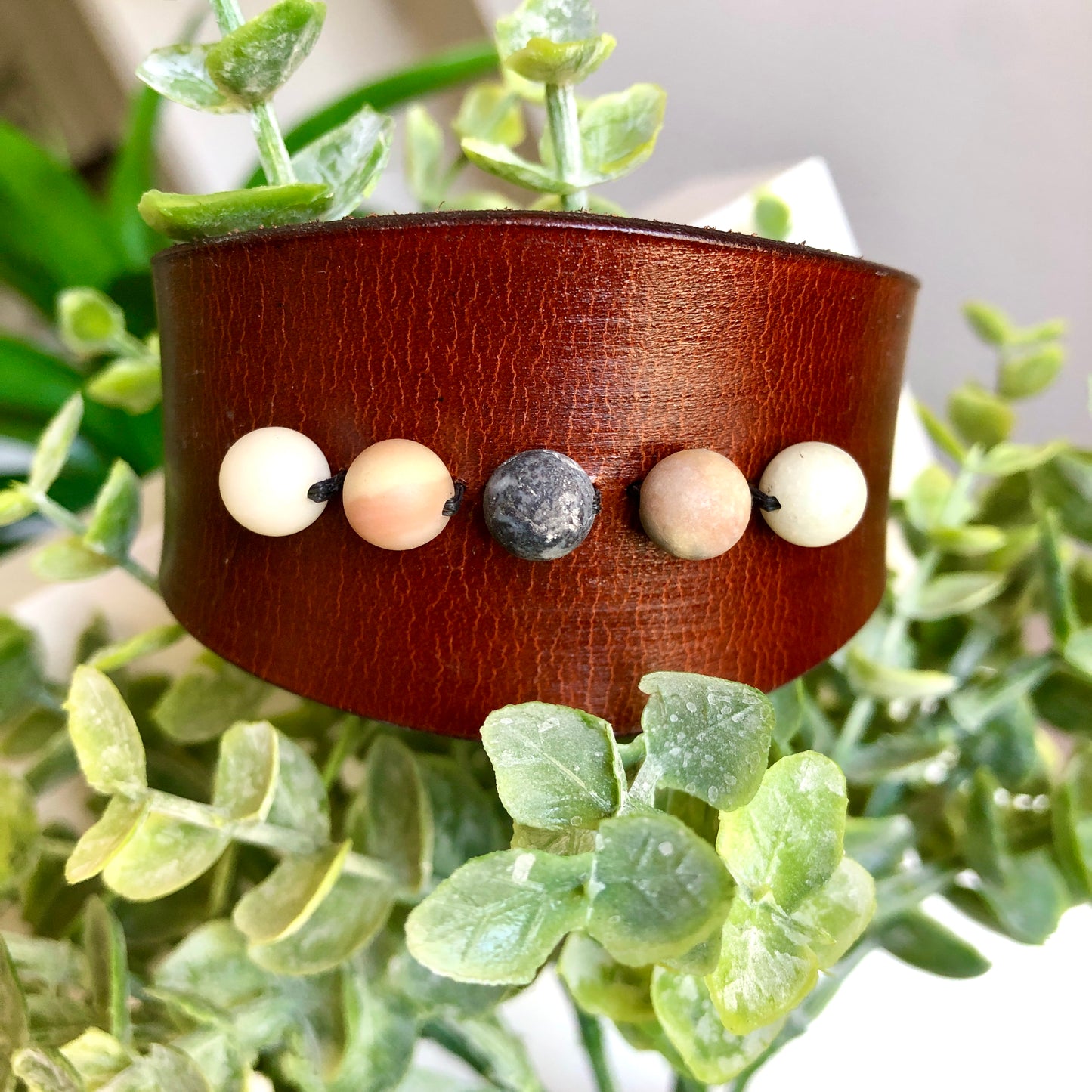 Handmade Genuine Leather Beaded Cuff Bracelet, Dark Brown