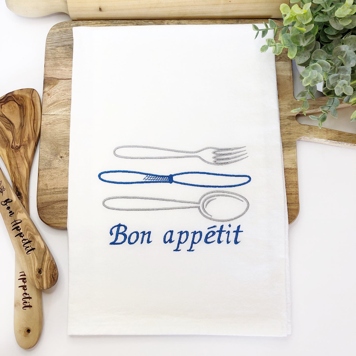 100% Organic Embroidered Cotton Dishtowel, Bon Appétit
