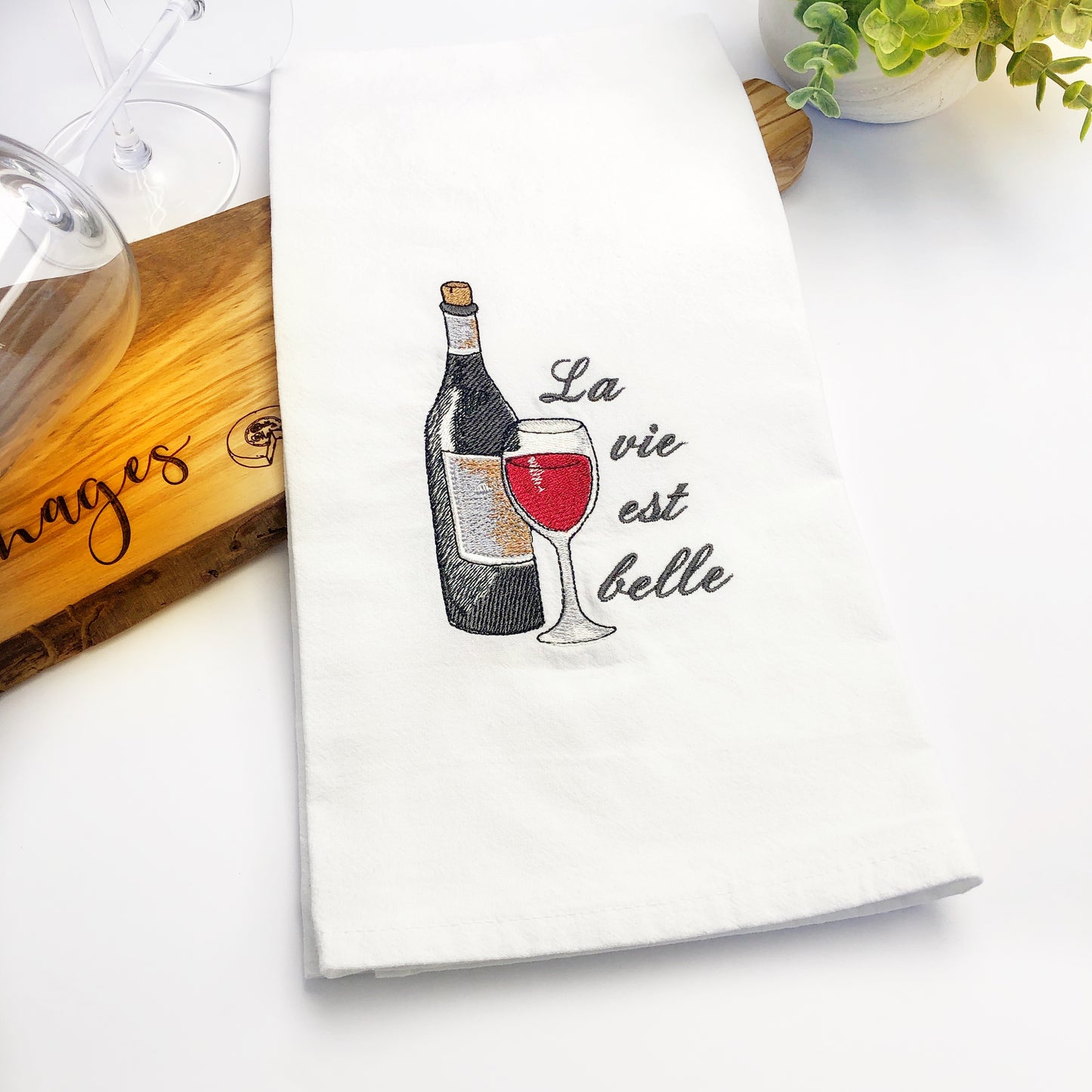 100% Organic Cotton Embroidered Dishtowel, La Vie est Belle