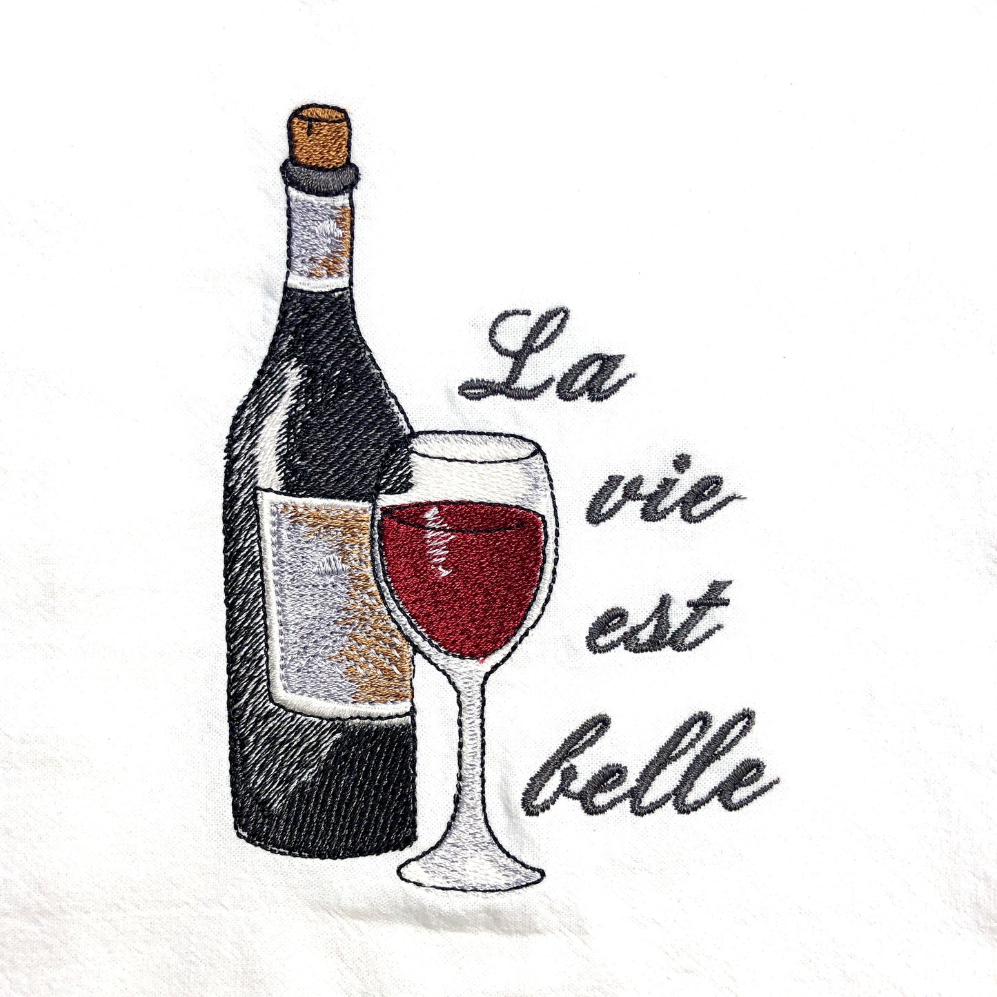 100% Organic Cotton Embroidered Dishtowel, La Vie est Belle