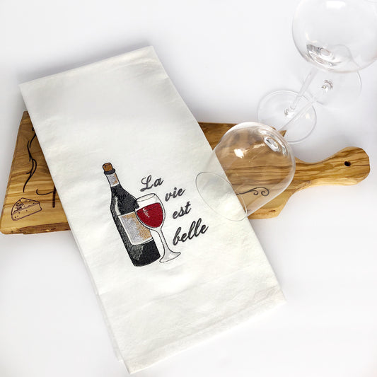 100% Organic Cotton Embroidered Dishtowel, La Vie est Belle