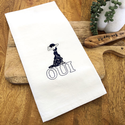100% Organic Cotton Embroidered Dishtowel, OUI