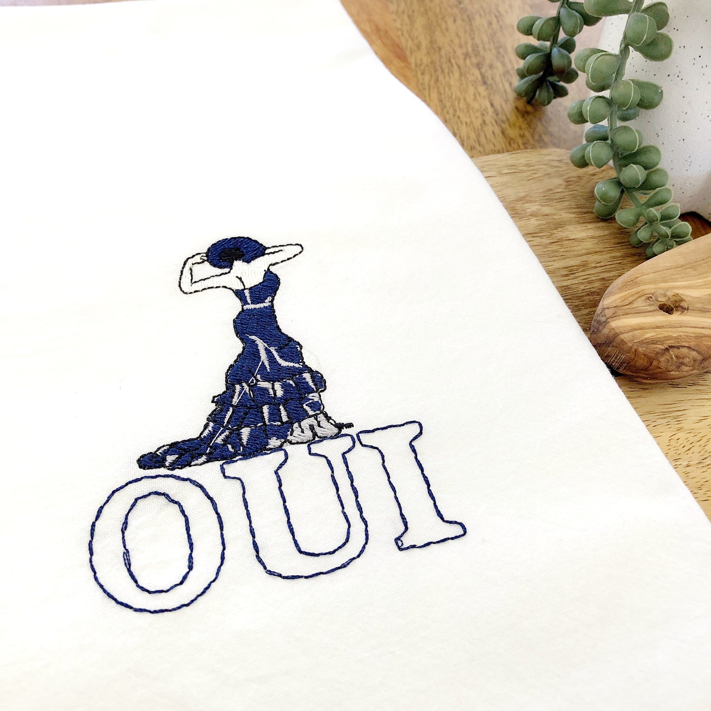 100% Organic Cotton Embroidered Dishtowel, OUI