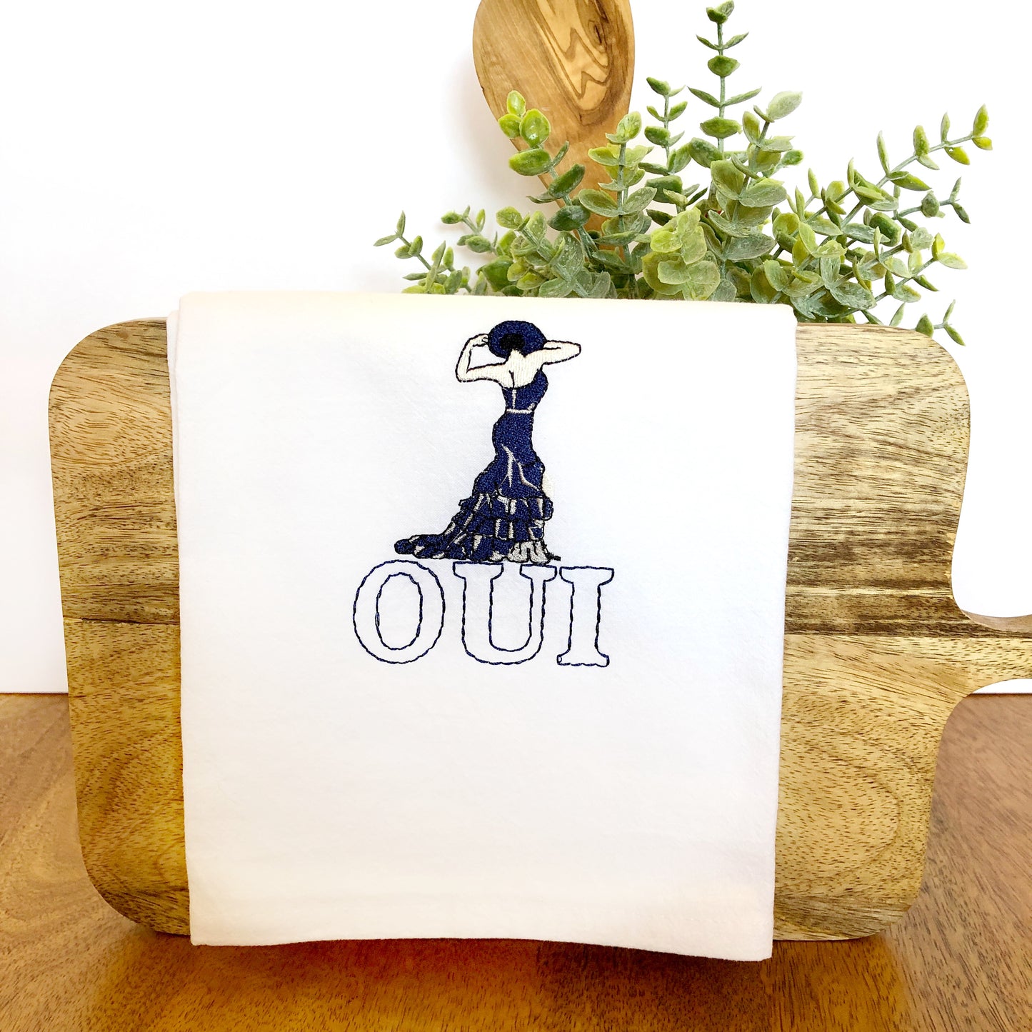 100% Organic Cotton Embroidered Dishtowel, OUI