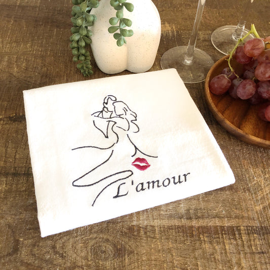 100% Organic Cotton Embroidered Dishtowel, L'amour