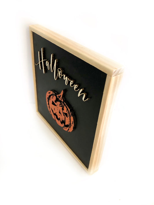 Halloween Pumpkin Wooden Framed Wall Art, Square 6.5 x 6.5 inches