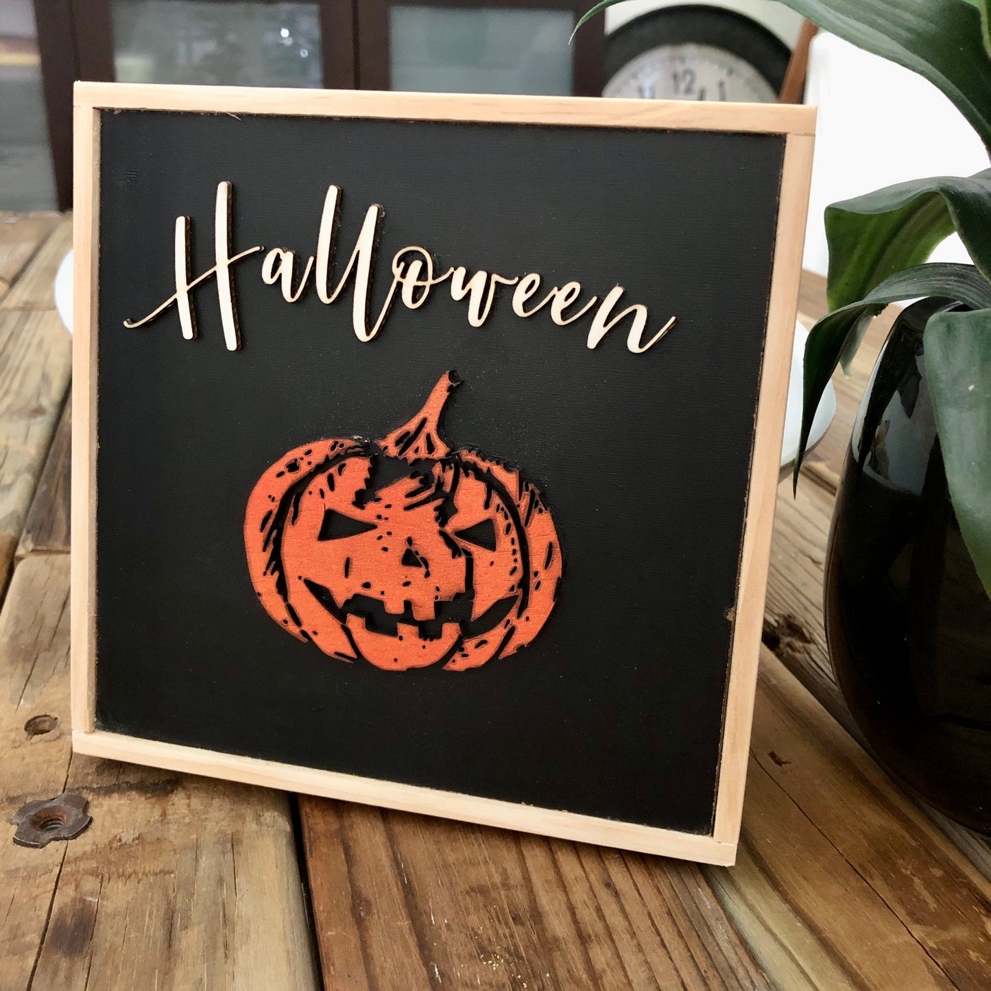 Halloween Pumpkin Wooden Framed Wall Art, Square 6.5 x 6.5 inches