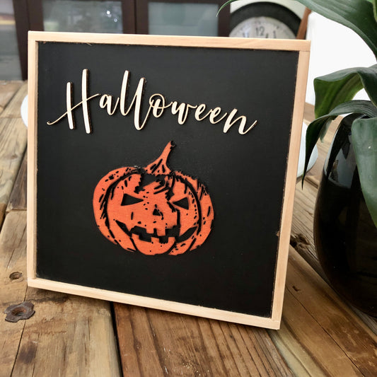Halloween Pumpkin Wooden Framed Wall Art, Square 6.5 x 6.5 inches
