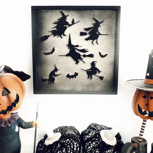Halloween Hanging Wall Art: Silhouette of Bats and Witches Flying on Broomsticks
