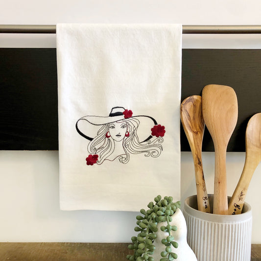 100% Organic Cotton Embroidered Dishtowel, Beautiful Lady