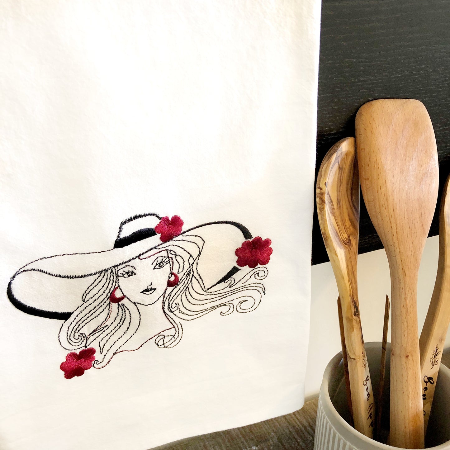 100% Organic Cotton Embroidered Dishtowel, Beautiful Lady
