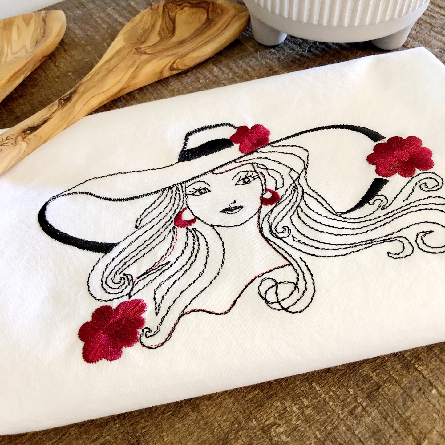 100% Organic Cotton Embroidered Dishtowel, Beautiful Lady