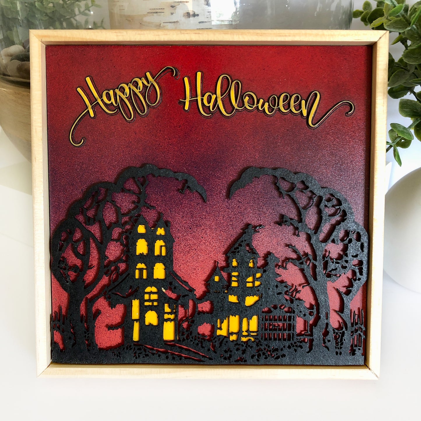 Happy Halloween Hanging Wall Art: Spooky Haunted House, Handmade