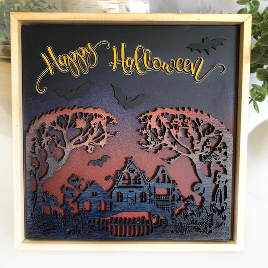 Happy HalloweenHanging Wall Art: Haunted House with Flying Bats, Handmade
