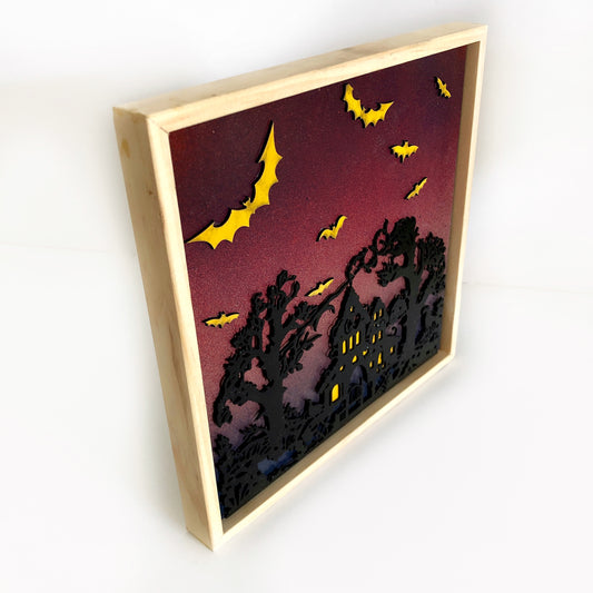 Happy Halloween Hanging Wall Art: Spooky Haunted House with Flying Bats