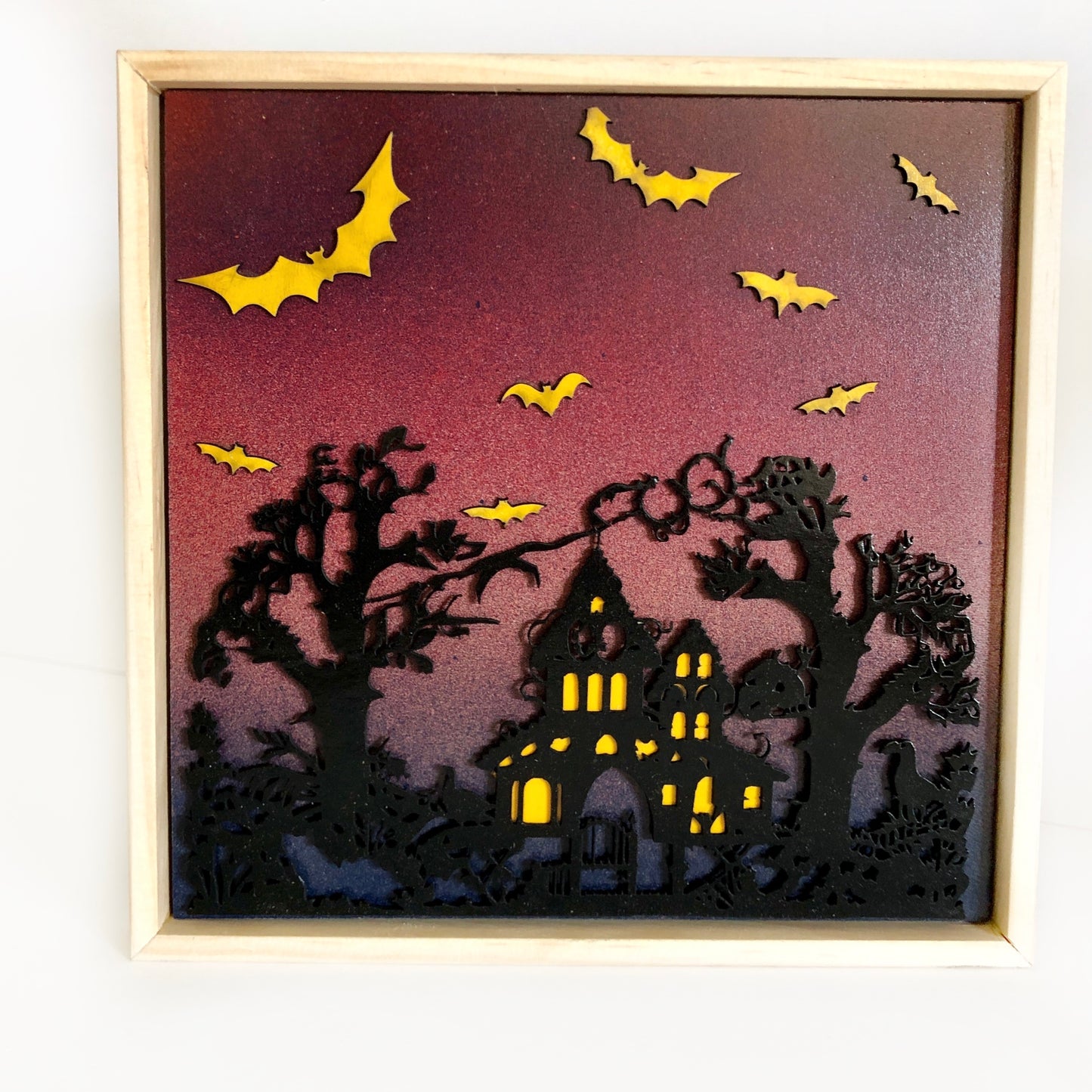 Happy Halloween Hanging Wall Art: Spooky Haunted House with Flying Bats