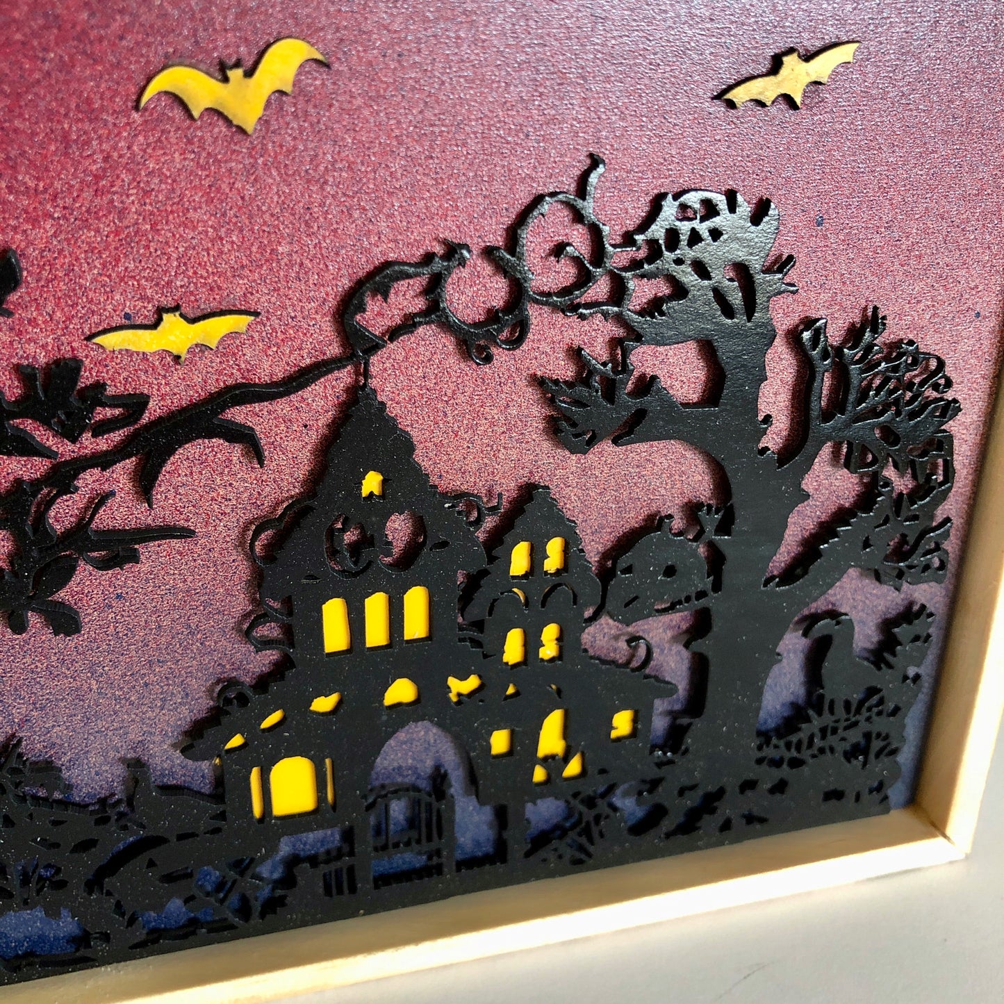 Happy Halloween Hanging Wall Art: Spooky Haunted House with Flying Bats