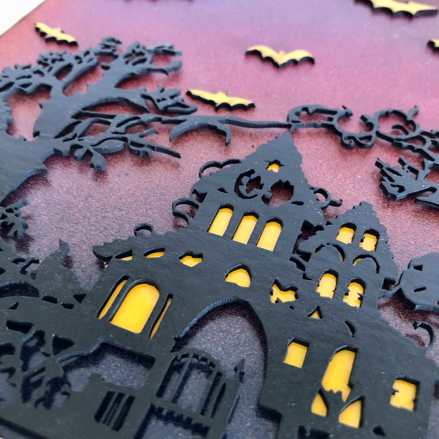 Happy Halloween Hanging Wall Art: Spooky Haunted House with Flying Bats