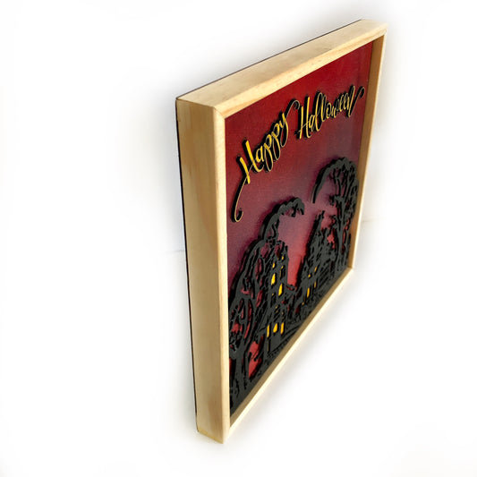 Happy Halloween Hanging Wall Art: Spooky Haunted House, Handmade