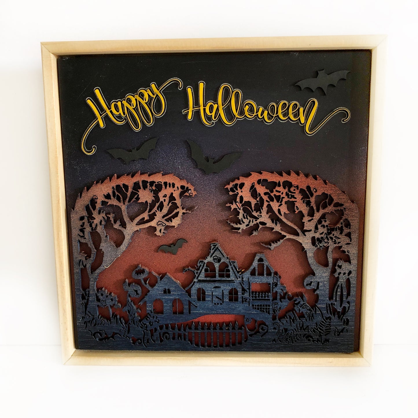 Happy HalloweenHanging Wall Art: Haunted House with Flying Bats, Handmade