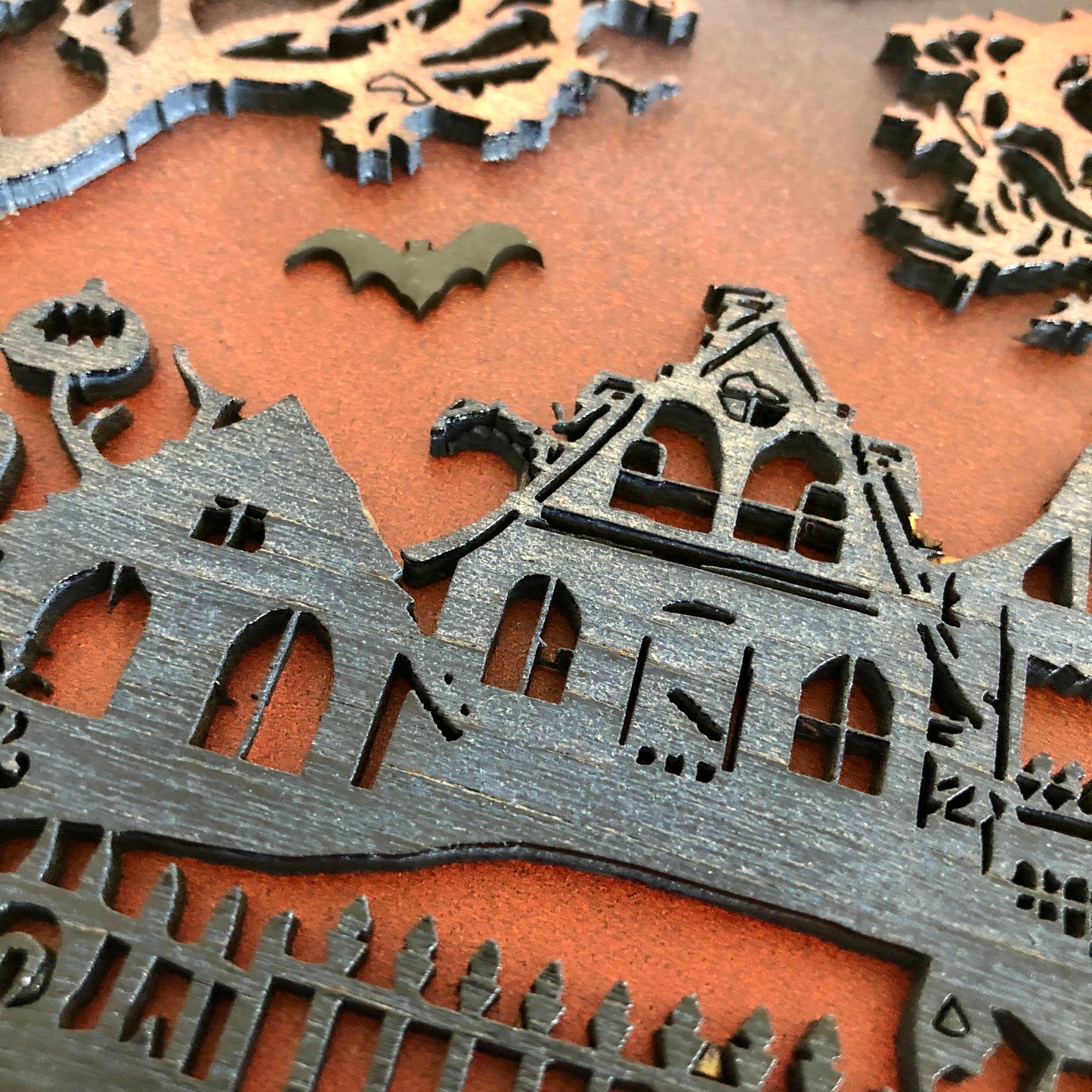 Happy HalloweenHanging Wall Art: Haunted House with Flying Bats, Handmade