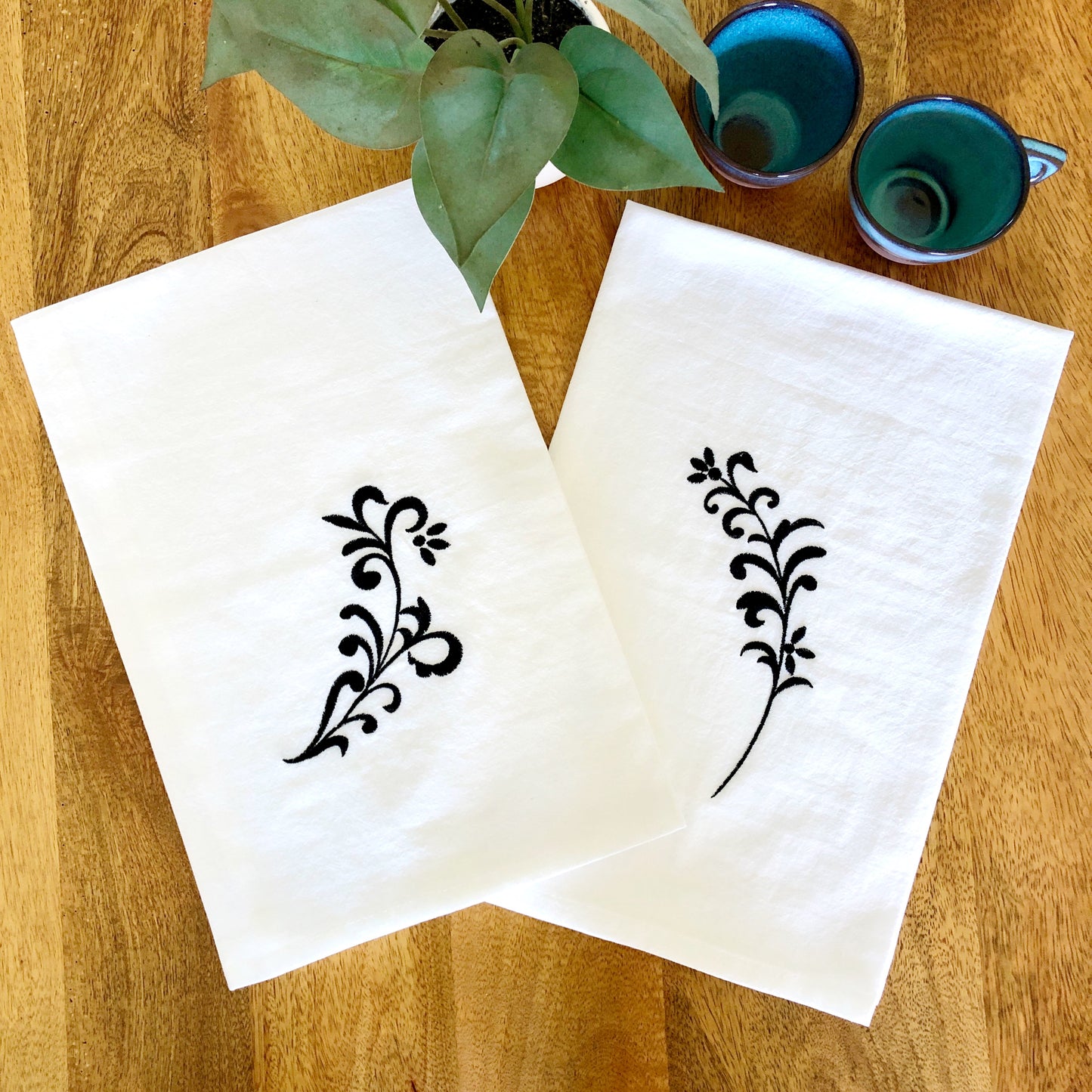 100% Organic Embroidered Cotton Dishtowel, Black & White Floral: set of two