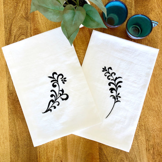 100% Organic Embroidered Cotton Dishtowel, Black & White Floral: set of two