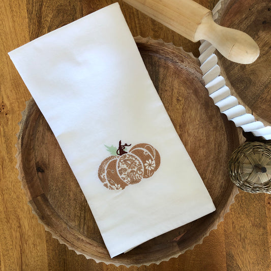 100% Organic Embroidered Cotton Dishtowel, Pumpkin