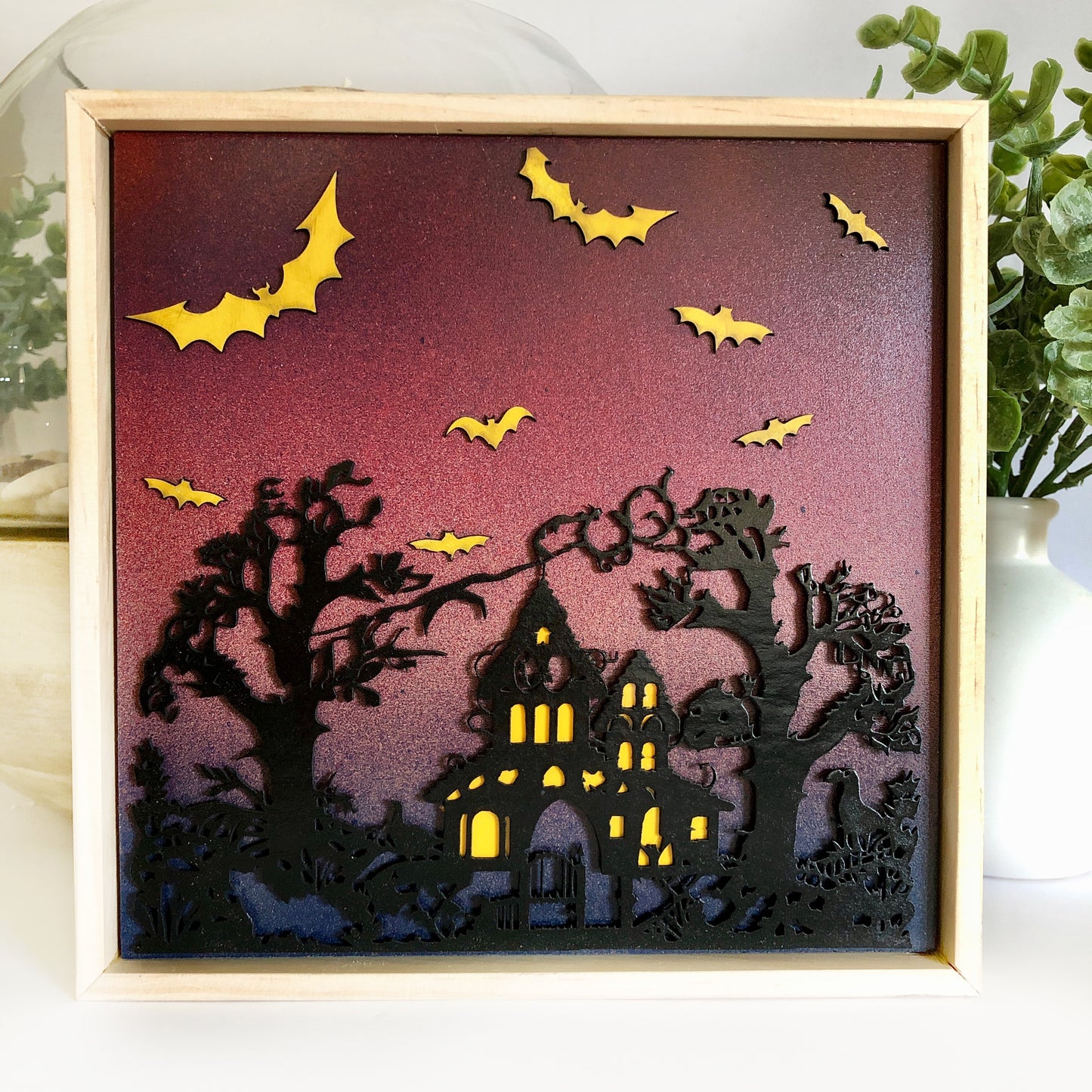Happy Halloween Hanging Wall Art: Spooky Haunted House with Flying Bats