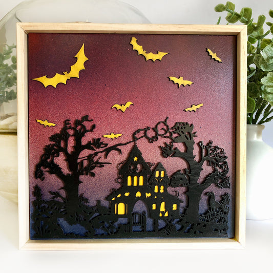 Happy Halloween Hanging Wall Art: Spooky Haunted House with Flying Bats