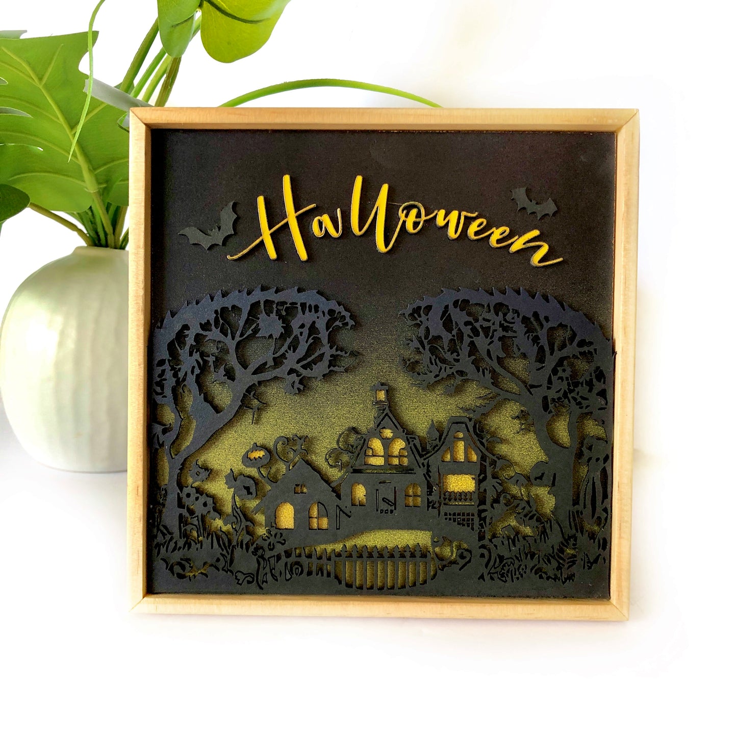 Halloween Hanging Wall Art: Haunted House with Flying Bats, Handmade
