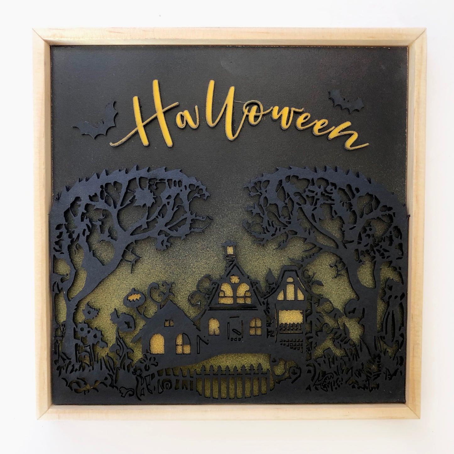 Halloween Hanging Wall Art: Haunted House with Flying Bats, Handmade