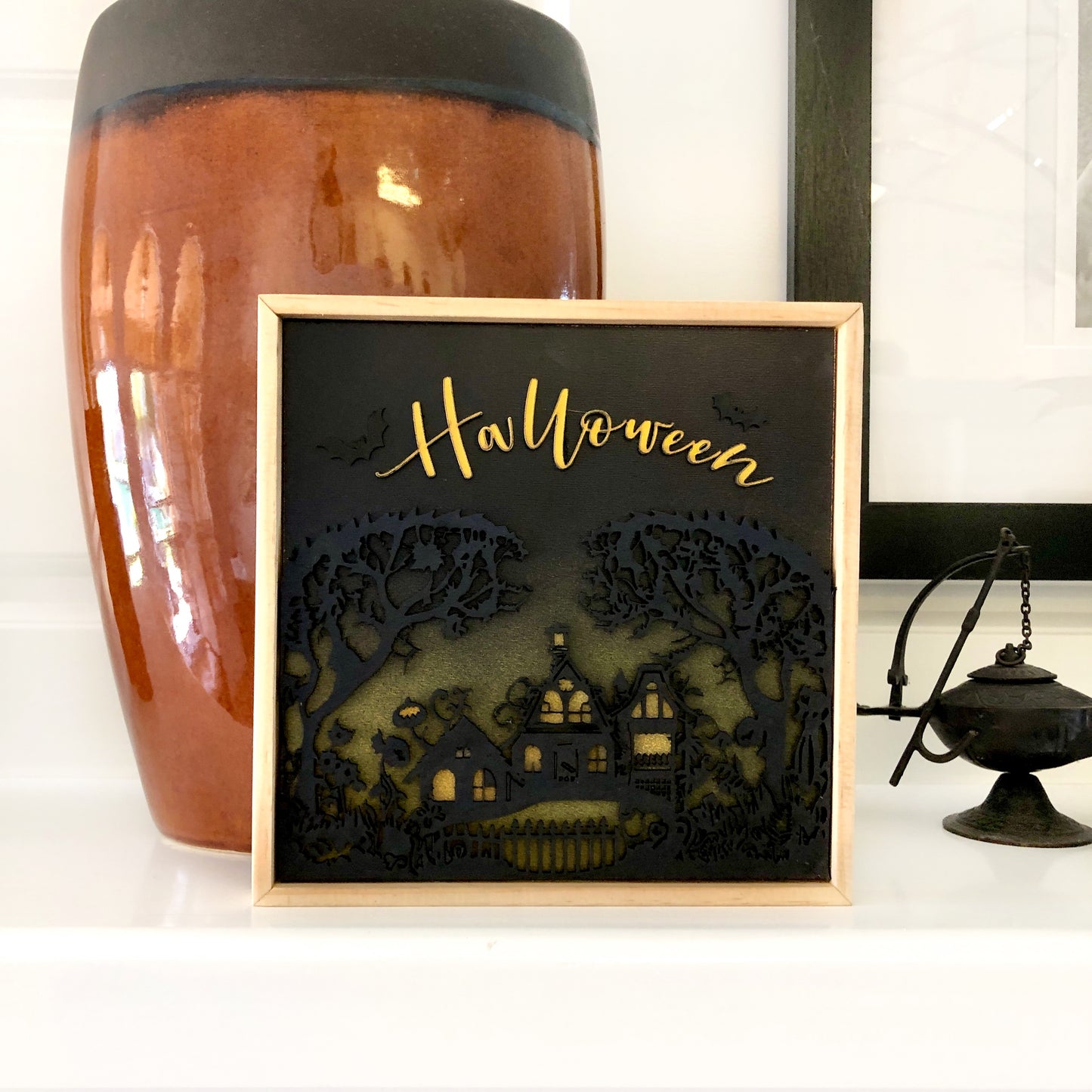 Halloween Hanging Wall Art: Haunted House with Flying Bats, Handmade