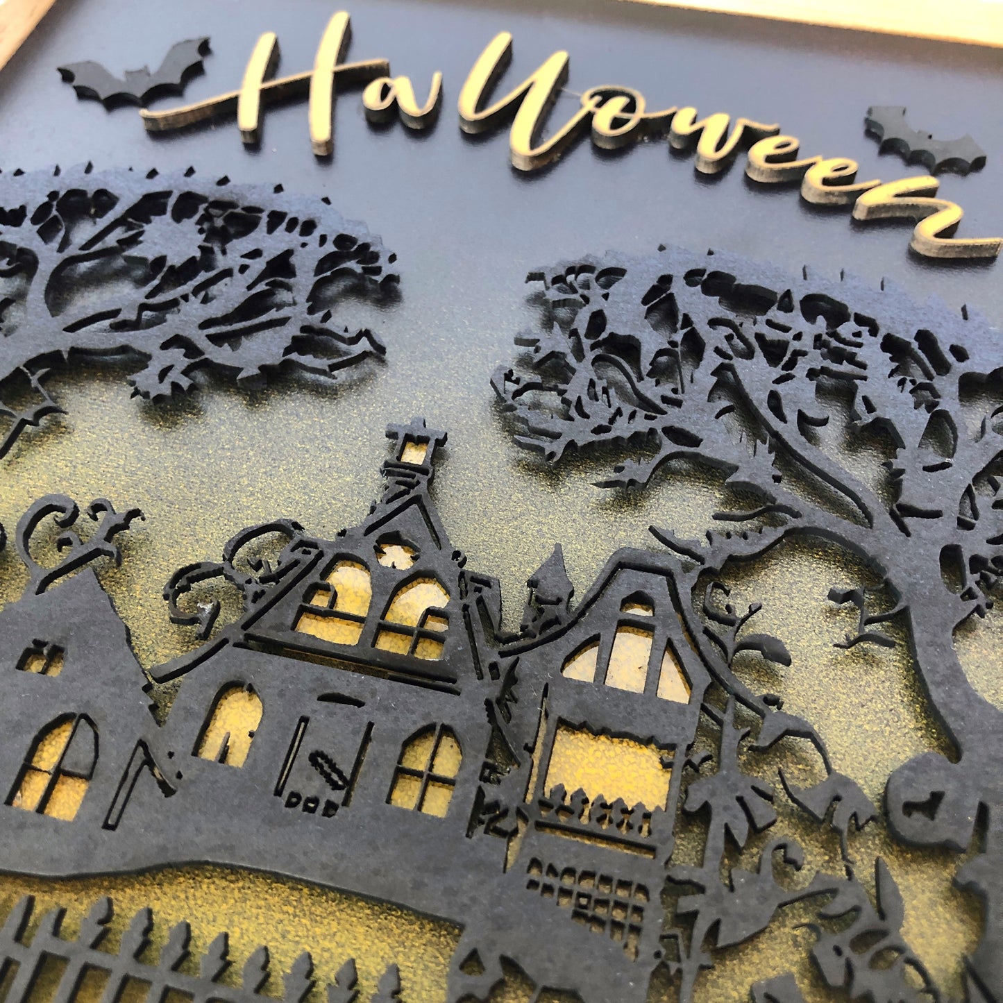 Halloween Hanging Wall Art: Haunted House with Flying Bats, Handmade