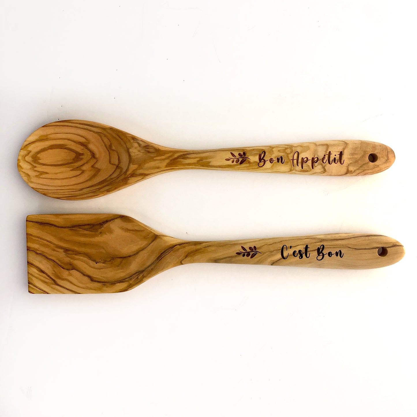 Set of Two Olive Wood Kitchen Utensils, Bon Appetit and C'est Bon