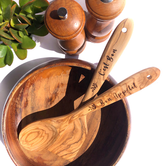 Set of Two Olive Wood Kitchen Utensils, Bon Appetit and C'est Bon
