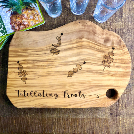 Small Engraved Olive Wood Appetizer Board, Titillating Treats