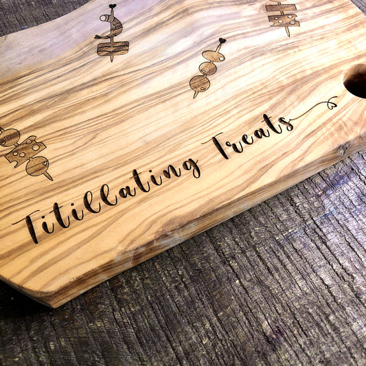 Small Engraved Olive Wood Appetizer Board, Titillating Treats