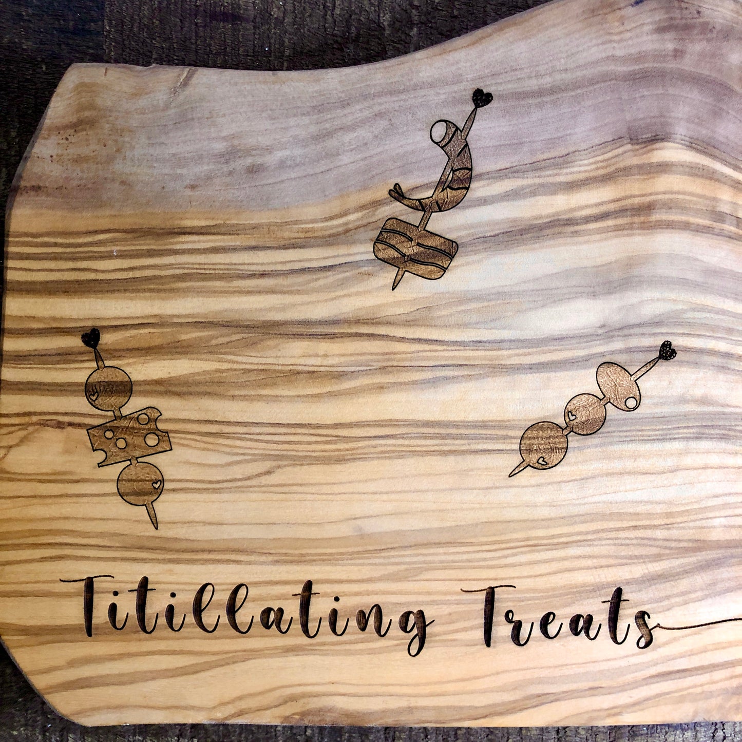 Small Engraved Olive Wood Appetizer Board, Titillating Treats
