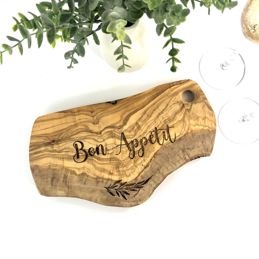 Small Engraved Olive Wood Appetizer Board, Bon Appétit