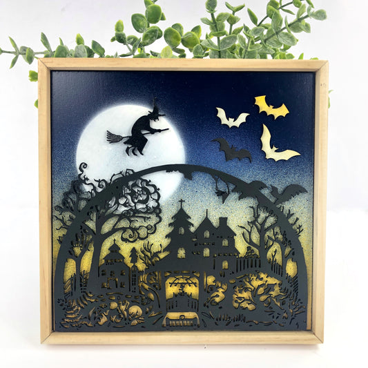 Halloween Hanging Wall Art: Spooky Haunted House with Witch and Flying Bats