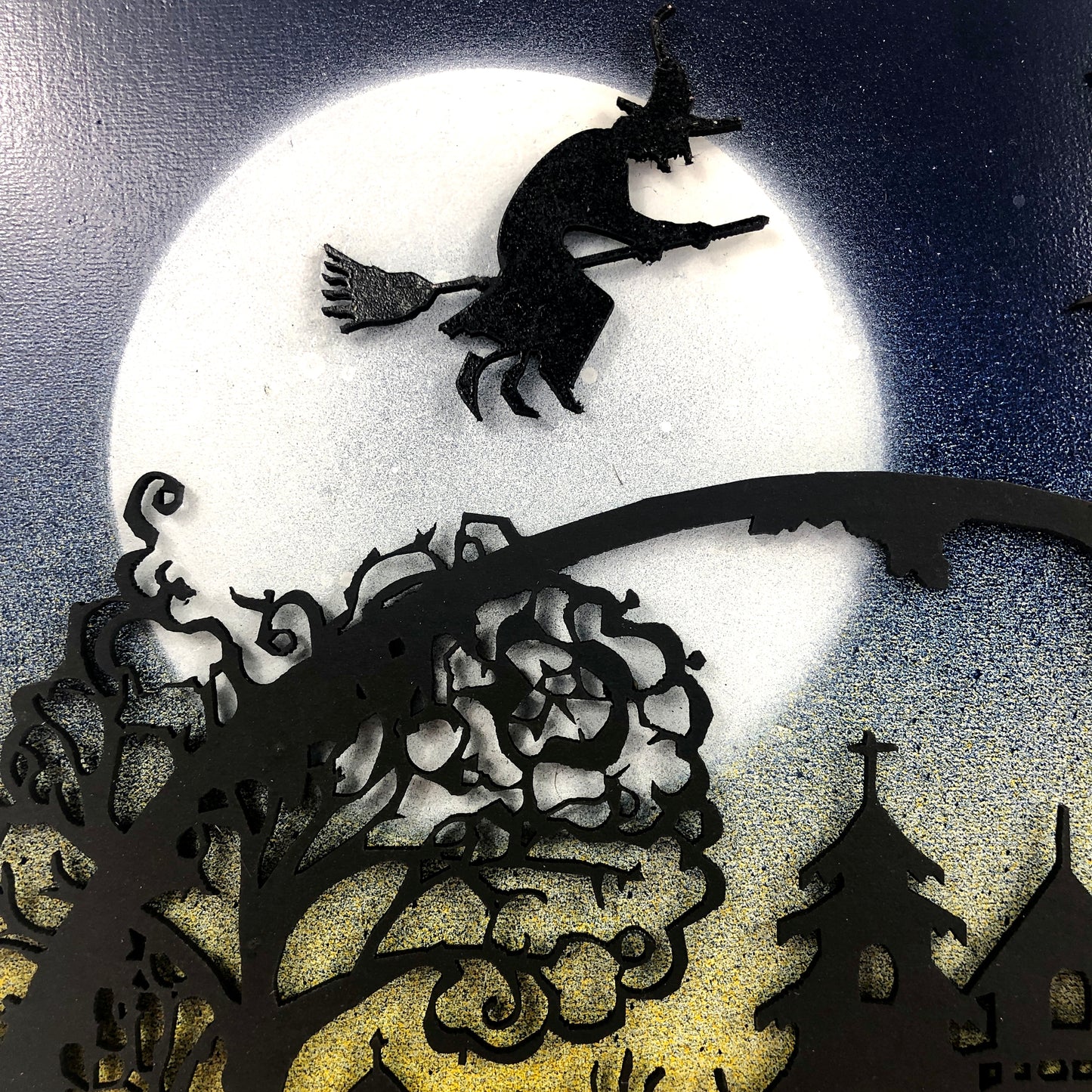 Halloween Hanging Wall Art: Spooky Haunted House with Witch and Flying Bats