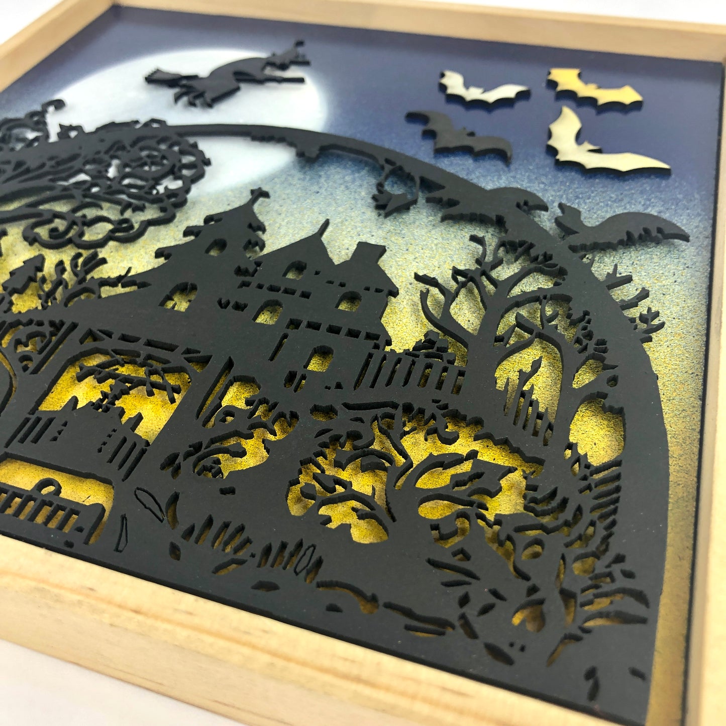 Halloween Hanging Wall Art: Spooky Haunted House with Witch and Flying Bats