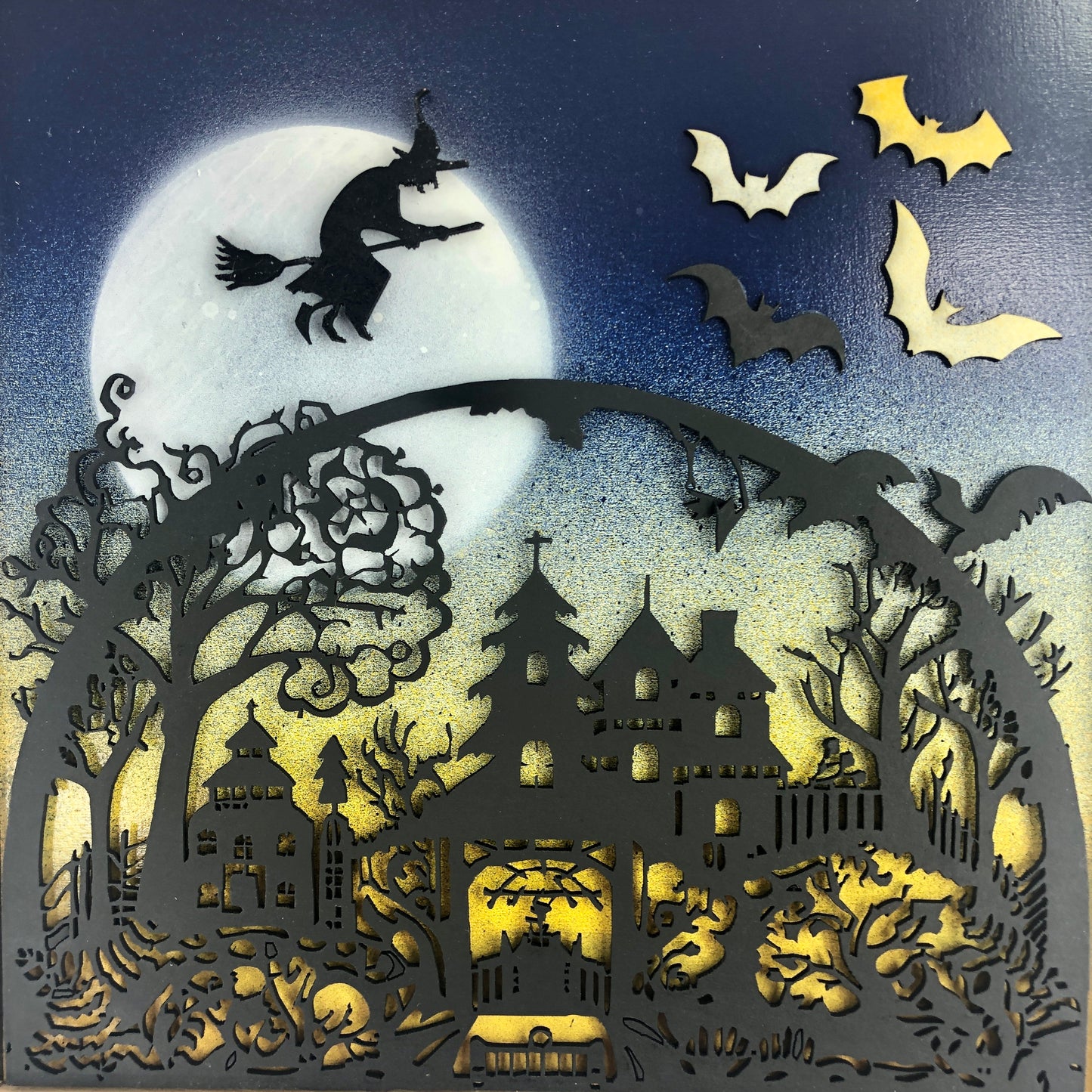 Halloween Hanging Wall Art: Spooky Haunted House with Witch and Flying Bats